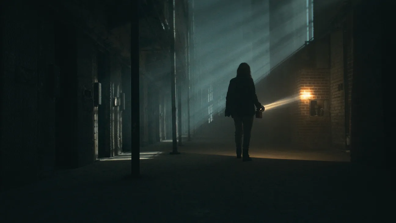 A silhouetted person walks through a dark industrial hallway, flashlight beam illuminating a brick wall.