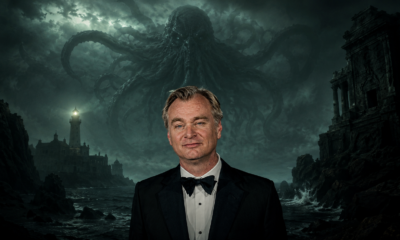Man in a tuxedo stands before a dark, stormy seascape with a colossal tentacled monster looming behind him.