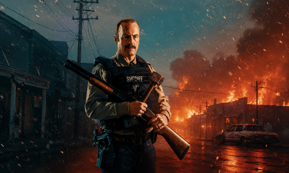 Sheriff in tactical vest stands with a shotgun and axe as flames engulf a street behind him.