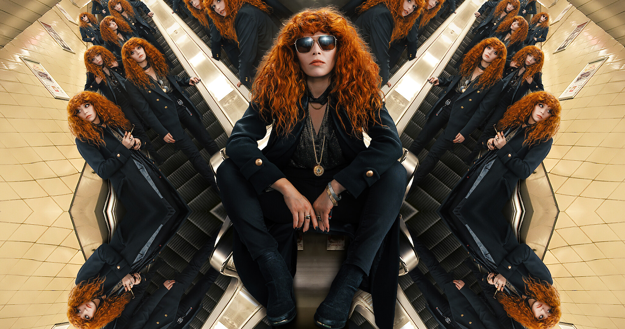 russian-doll | film.org.pl Kaleidoscopic collage of a red-haired woman in a dark coat and sunglasses posed on an escalator in a subway station
