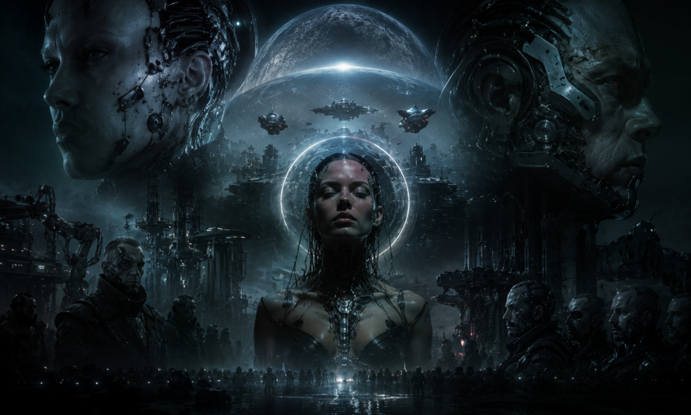 Woman with cybernetic implants and a glowing halo, flanked by giant machines and a fleet in a dark futuristic cityscape.