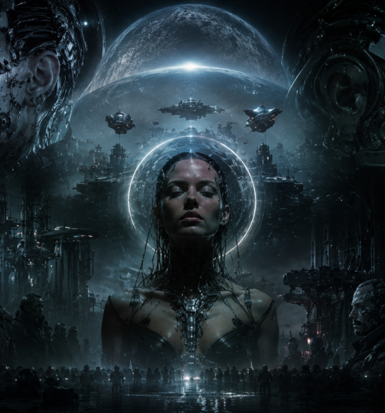 Woman with cybernetic implants and a glowing halo, flanked by giant machines and a fleet in a dark futuristic cityscape.