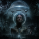 Woman with cybernetic implants and a glowing halo, flanked by giant machines and a fleet in a dark futuristic cityscape.