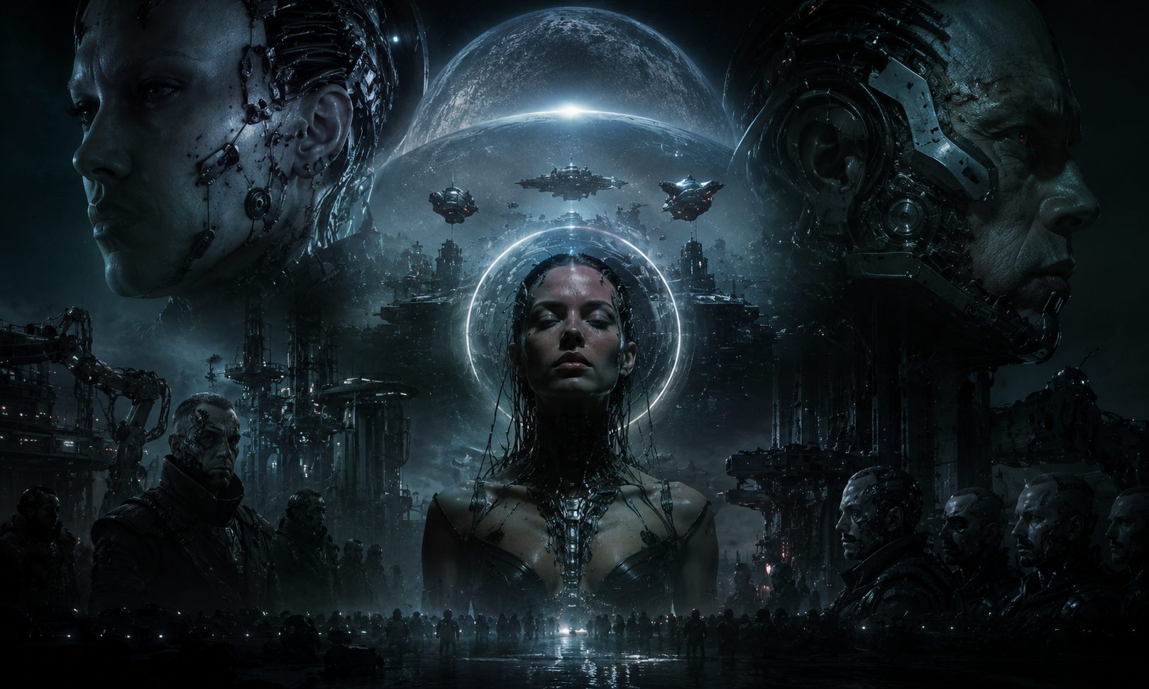 Woman with cybernetic implants and a glowing halo, flanked by giant machines and a fleet in a dark futuristic cityscape.