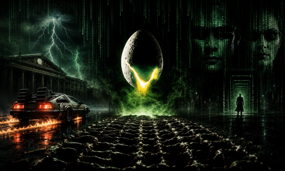 Sci-fi collage: glowing cracked egg hovering over a road of bodies, with a flaming DeLorean driving past and a green matrix-like skyline.