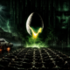 Sci-fi collage: glowing cracked egg hovering over a road of bodies, with a flaming DeLorean driving past and a green matrix-like skyline.