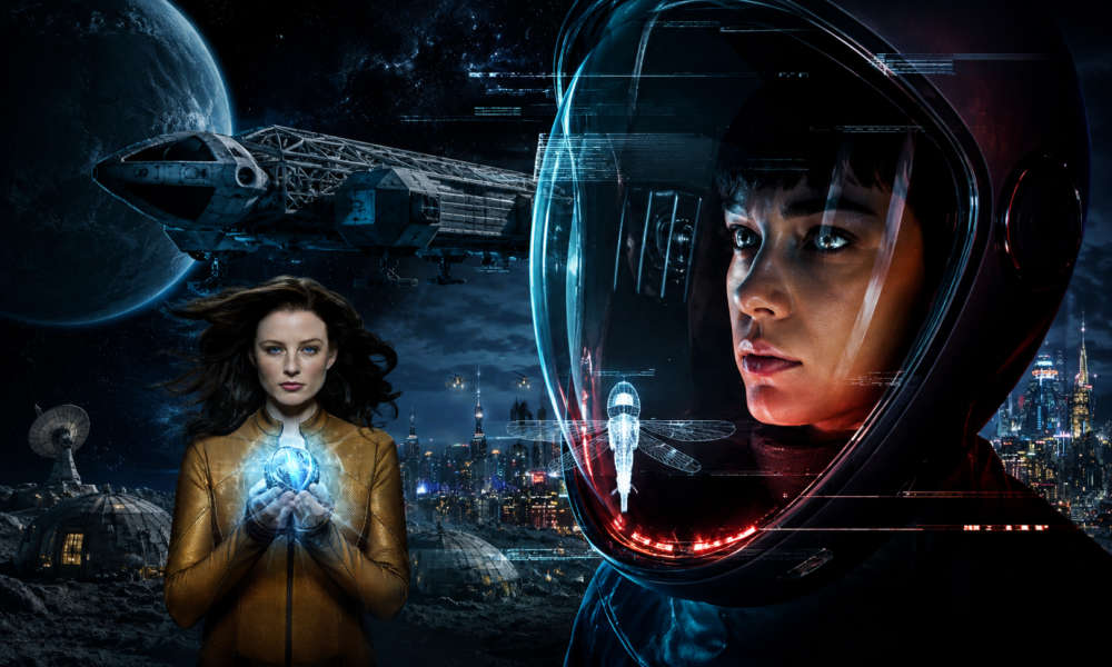 Space scene: a woman in a helmeted spacesuit on the right, another woman holds a glowing blue orb in the foreground, with a spaceship and futuristic city in the background and a moonlit sky.