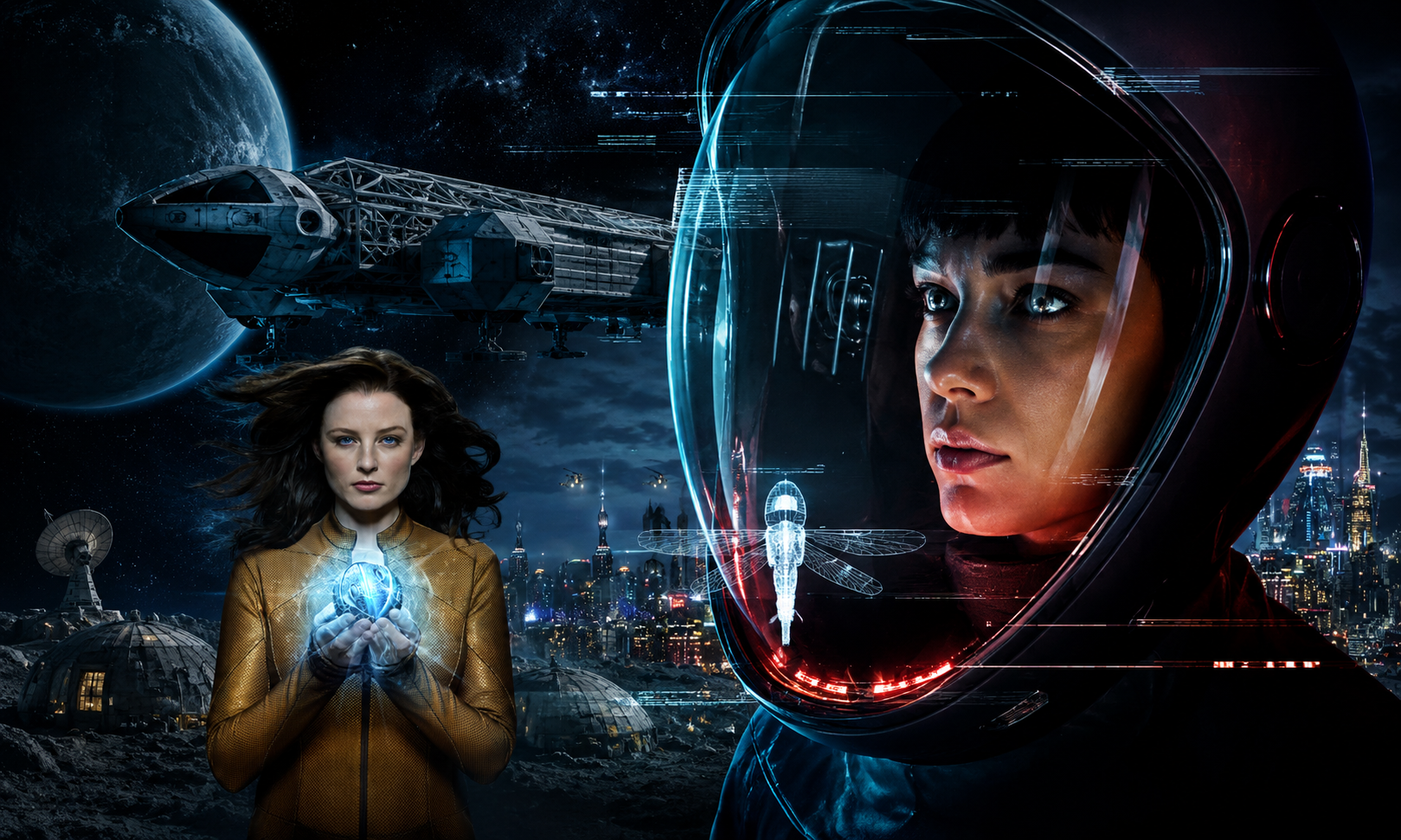 Space scene: a woman in a helmeted spacesuit on the right, another woman holds a glowing blue orb in the foreground, with a spaceship and futuristic city in the background and a moonlit sky.
