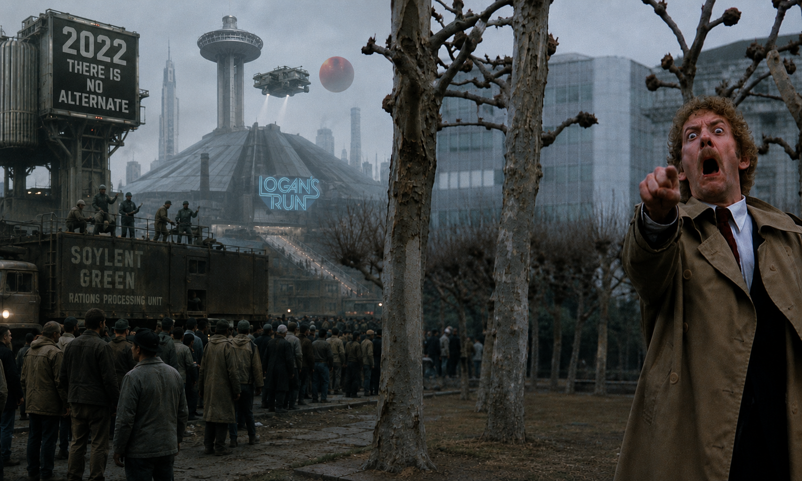 Man in a tan trench coat points as a crowd gathers in a dystopian urban scene with a neon Logan's Run sign and a Soylent Green truck in the foreground; ominous atmosphere.