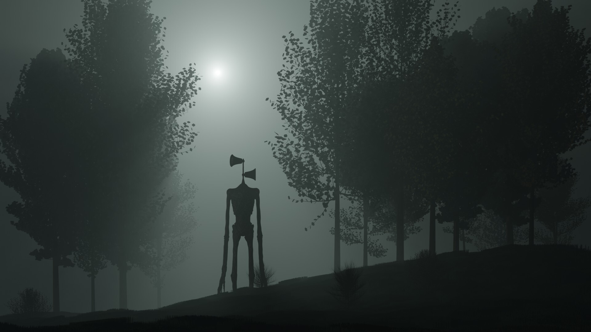 Tall skeletal figure with horn-like megaphone headgear stands in a foggy, dark forest with a bright sun/moon behind the trees.