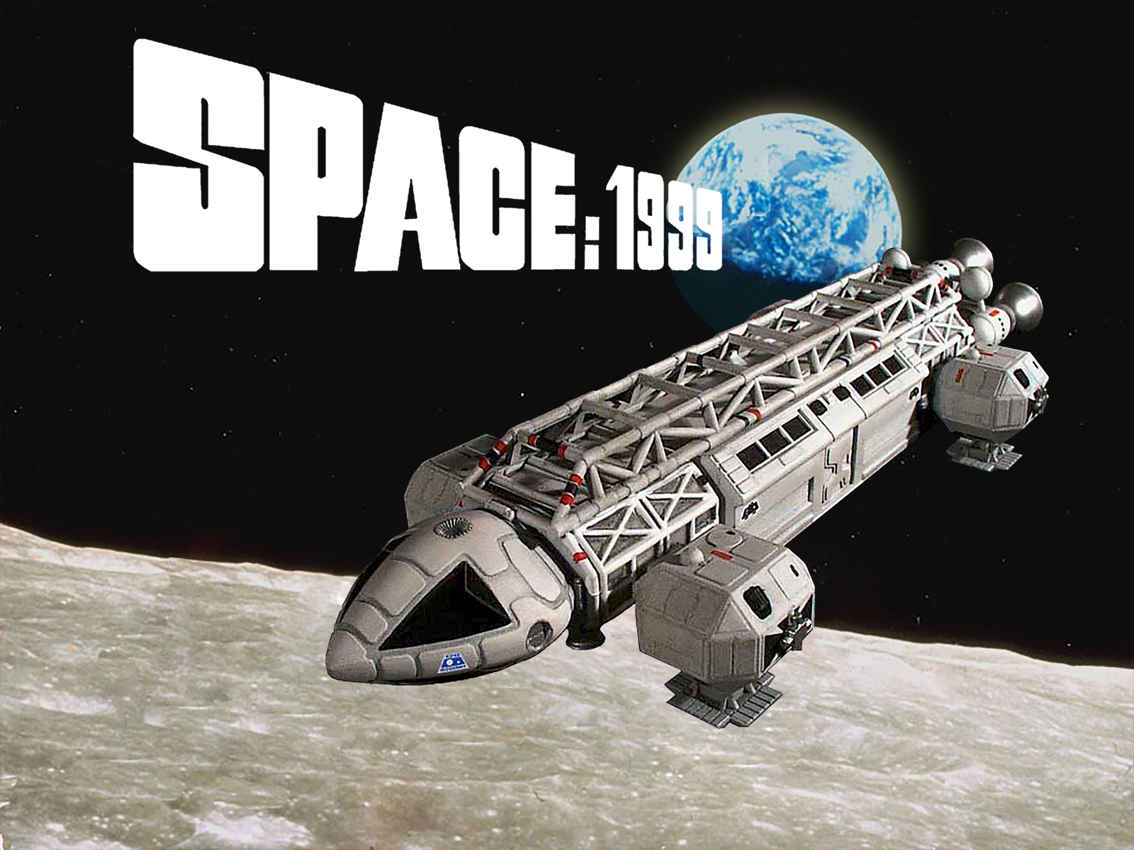 space-1999 | film.org.pl Promotional image for Space:1999 showing a futuristic lunar vessel above the Moon with Earth in the background.