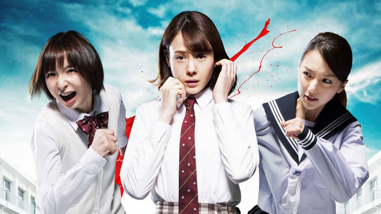 tag-krwawy-berek | film.org.pl Three girls in school uniforms stand together; the middle girl looks anxious while the other two glare and gesture menacingly against a bright sky backdrop.
