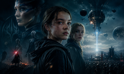 Poster for a sci-fi film with three women in dark jackets, a distant battle scene, and a towering futuristic structure shooting a blue beam into the sky.