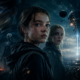 Poster for a sci-fi film with three women in dark jackets, a distant battle scene, and a towering futuristic structure shooting a blue beam into the sky.