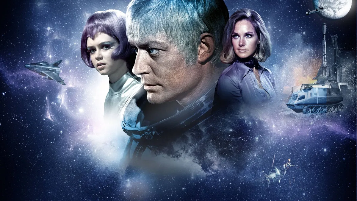 ufo-1970 | film.org.pl Promotional space poster with three faces overlapping a starry backdrop and spacecraft in the background, suggesting a sci‑fi adventure film.