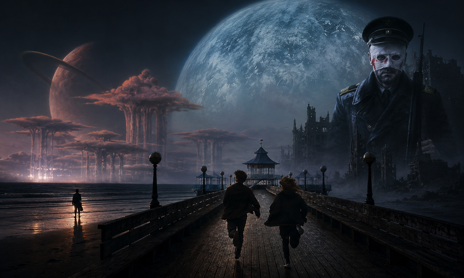 Two children sprint along a wooden pier toward a lit pavilion, while a ruined city looms and a colossal masked soldier with a rifle watches from the fog.