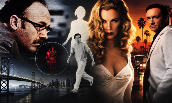 Collage-style movie poster for a crime drama: a detective with glasses targets two people, a man walks, a sultry blonde woman, and a stern man in a white suit against a city skyline and sunset.
