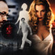 Collage-style movie poster for a crime drama: a detective with glasses targets two people, a man walks, a sultry blonde woman, and a stern man in a white suit against a city skyline and sunset.