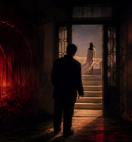 Silhouetted man in a dark doorway approaches a glowing figure on stairs, with a fiery forest left and a giant face on the right.