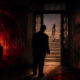 Silhouetted man in a dark doorway approaches a glowing figure on stairs, with a fiery forest left and a giant face on the right.