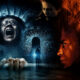Horror-themed collage with a man in a blue-tinted tunnel, a screaming woman, and a close-up of a man's face on the right, plus a winged figure in orange tones and a gloved hand gripping a railing in the foreground.