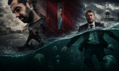 Dramatic collage of three men: one on a desolate street, one peeking through a red door, and another submerged in dark teal water with jellyfish.