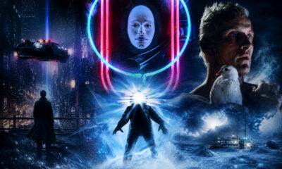 Sci‑fi collage: a man on a snowy rooftop watches a glowing figure and a blue circular portal with a pale face, amid a neon-lit cityscape and a flying police car on the left.