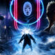 Sci‑fi collage: a man on a snowy rooftop watches a glowing figure and a blue circular portal with a pale face, amid a neon-lit cityscape and a flying police car on the left.