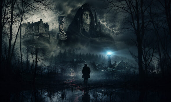 A lone figure walks through a misty forest toward a foggy village as a giant hooded wizard looms above holding a carved staff.