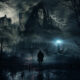A lone figure walks through a misty forest toward a foggy village as a giant hooded wizard looms above holding a carved staff.