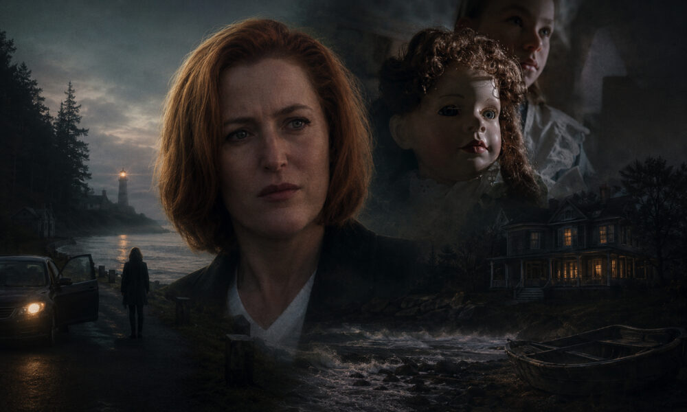 Moody coastal collage: a red-haired woman in the foreground, a doll, and a second woman, with a lighthouse and house in the night.