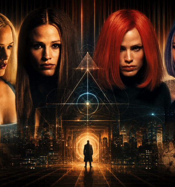 Four women with colorful hair surround a glowing geometric portal above a futuristic city at night; a lone figure steps toward a bright doorway below.