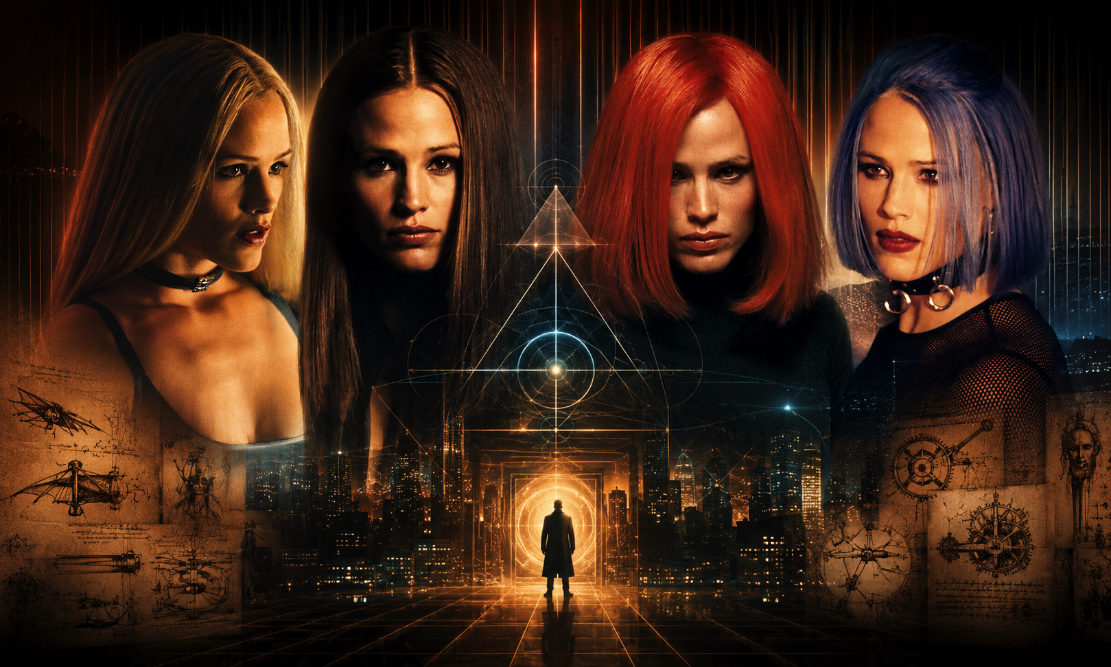 Four women with colorful hair surround a glowing geometric portal above a futuristic city at night; a lone figure steps toward a bright doorway below.