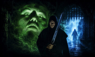 Hooded warrior with a large sword stands in a damp dungeon, green spectral face behind him and a blue-lit gate to the right.