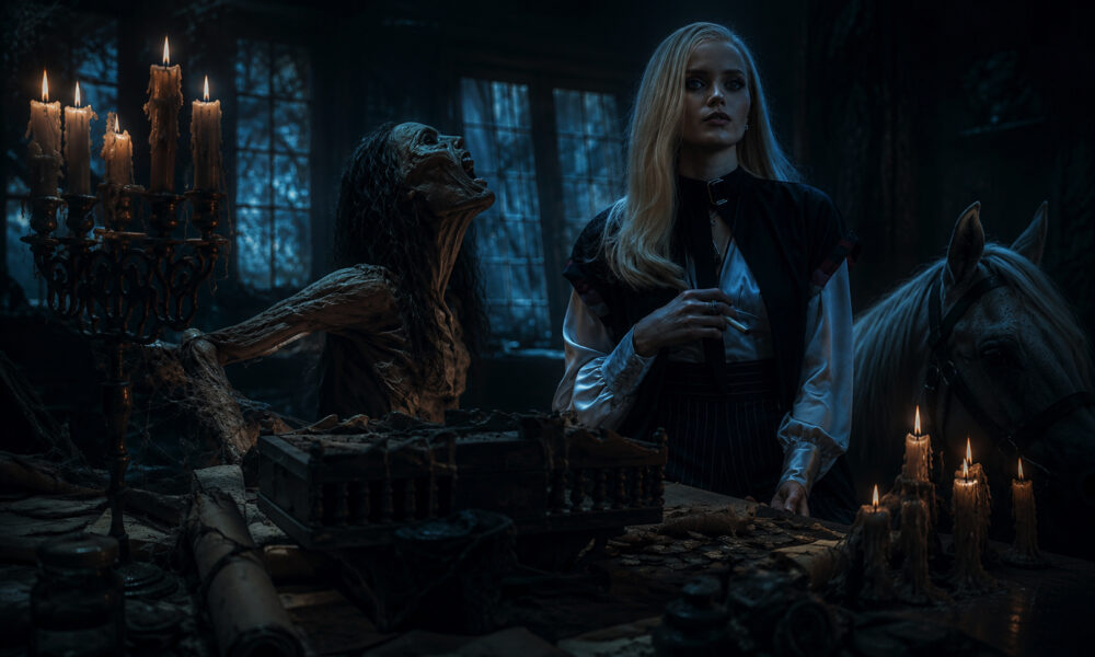 Blonde woman in period clothing stands at a candlelit table as a skeletal figure reaches toward her, with a horse visible on the right.