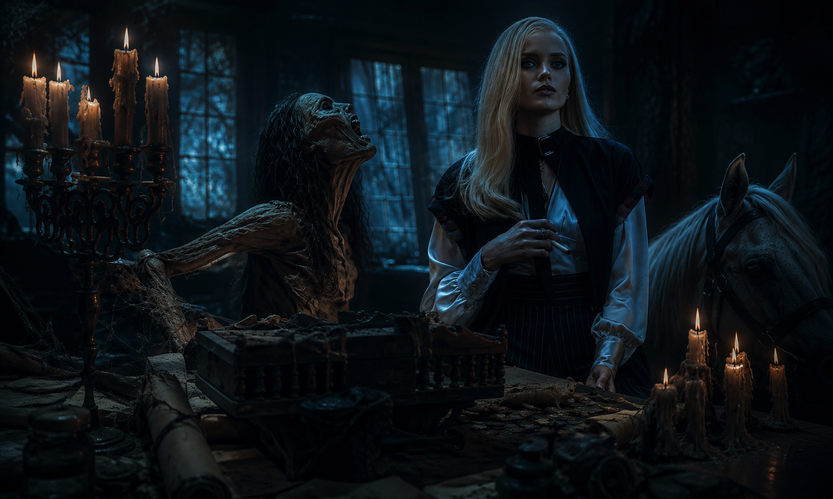 Blonde woman in period clothing stands at a candlelit table as a skeletal figure reaches toward her, with a horse visible on the right.