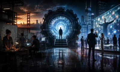 Person stands at a glowing circular portal in a high-tech lab with a city skyline at dusk behind it.