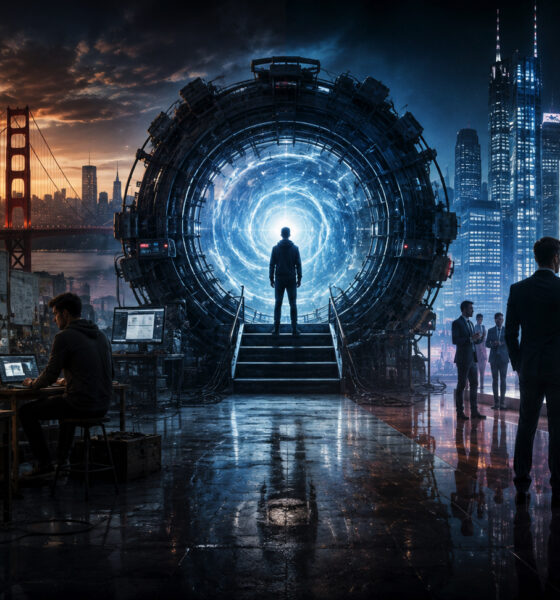 Person stands at a glowing circular portal in a high-tech lab with a city skyline at dusk behind it.
