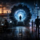 Person stands at a glowing circular portal in a high-tech lab with a city skyline at dusk behind it.