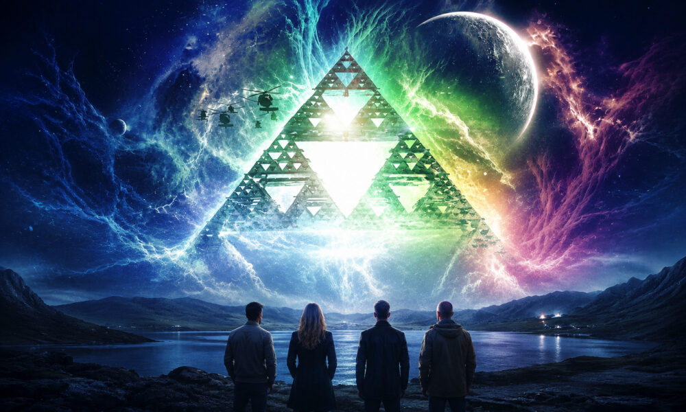 A group of four people standing on a rocky shore, facing a glowing multicolored triangular fractal pyramid in a cosmic landscape.