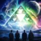 A group of four people standing on a rocky shore, facing a glowing multicolored triangular fractal pyramid in a cosmic landscape.