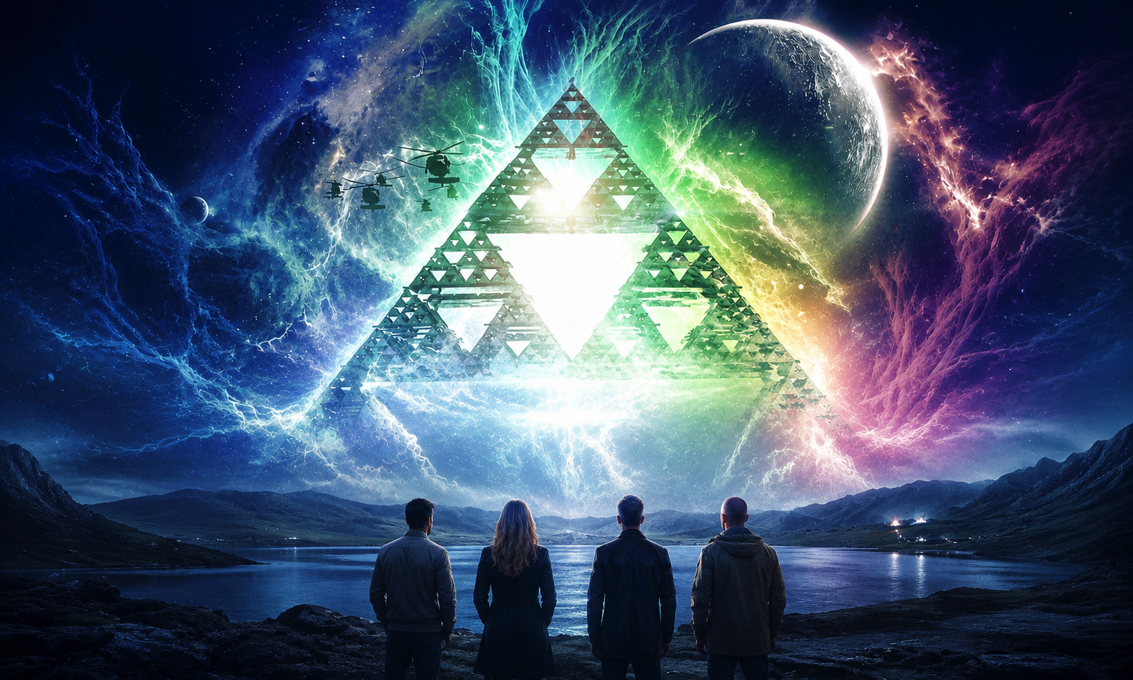 A group of four people standing on a rocky shore, facing a glowing multicolored triangular fractal pyramid in a cosmic landscape.