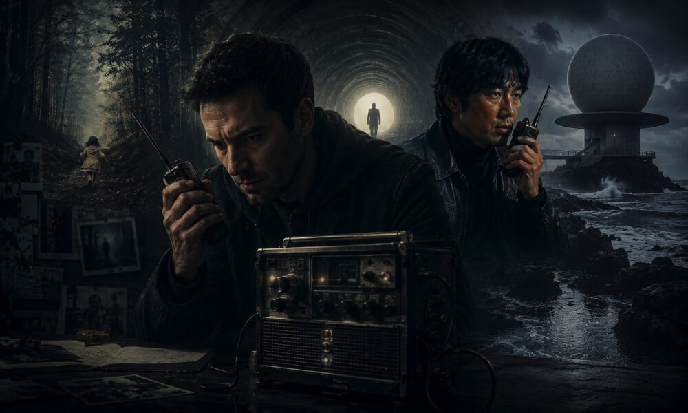 Two men with radios and a vintage transmitter in a dark, tense scene—forest on the left, rocky coastline and a distant glowing tunnel with a lone figure at the center.
