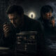 Two men with radios and a vintage transmitter in a dark, tense scene—forest on the left, rocky coastline and a distant glowing tunnel with a lone figure at the center.