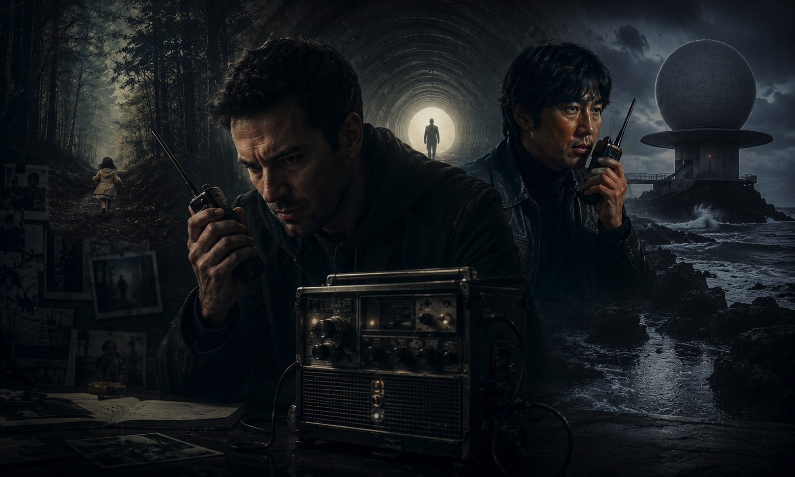 Two men with radios and a vintage transmitter in a dark, tense scene—forest on the left, rocky coastline and a distant glowing tunnel with a lone figure at the center.