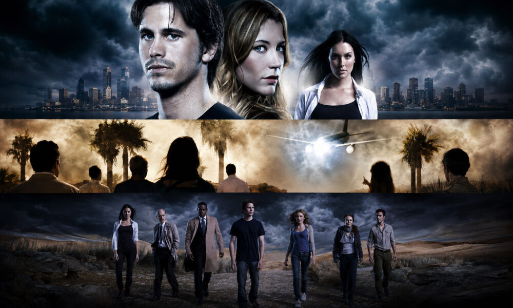 Promotional collage of a diverse group of survivors walking across a desert, with a city skyline above and a plane in the middle panel, suggesting a multi-scene narrative.