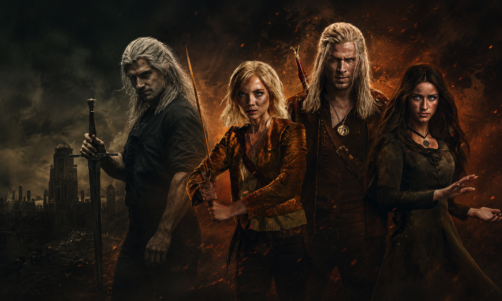 Group of four rugged fantasy warriors with swords and a bow, standing in a smoky, fiery battleground.