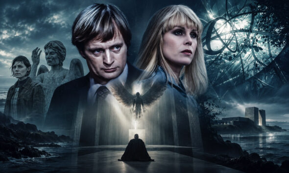 Promotional poster featuring two lead actors against a stormy blue coastline, with statues, a winged figure, and a cloaked figure approaching a glowing doorway on the shore.