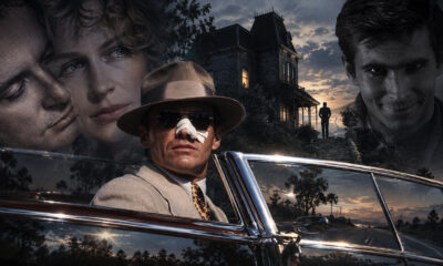 Man in a beige suit and fedora with a nose bandage sits in a classic car at dusk, with a haunted house and looming faces in the background; cinematic poster vibe.