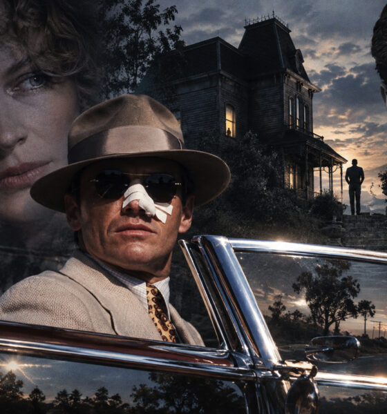 Man in a beige suit and fedora with a nose bandage sits in a classic car at dusk, with a haunted house and looming faces in the background; cinematic poster vibe.